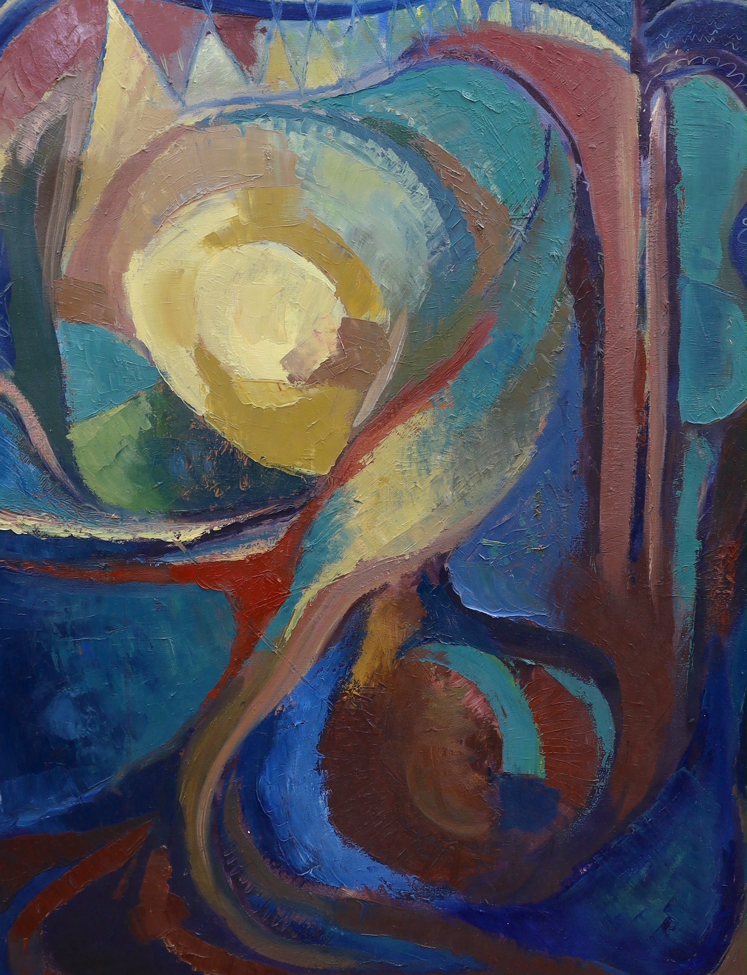 Tom Young, three oils on canvas, Abstracts, and a street scene, signed or inscribed, largest 120 x 100cm, three unframed
